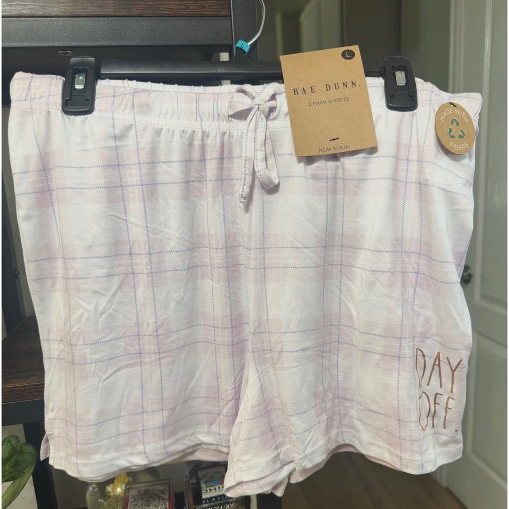 Rae Dunn Womens 2 Pack Pajama Shorts Lavender Plaid Striped Day Off Large NWT